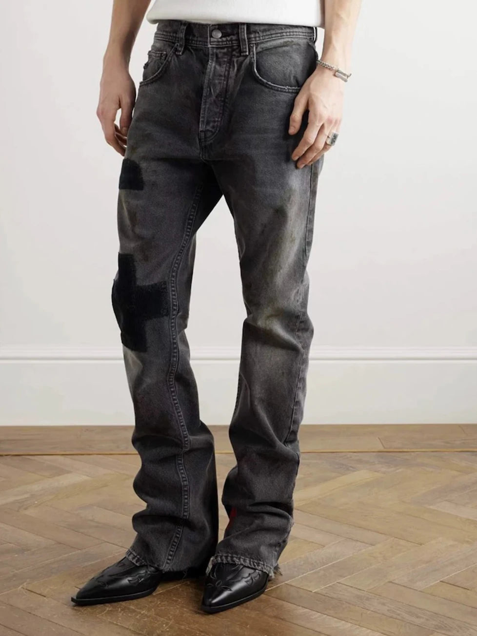 Y2K Embroidered Patchwork Distressed Baggy Black Denim Jeans