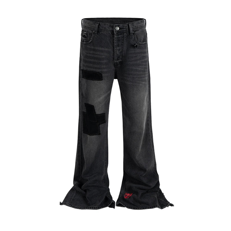 Y2K Embroidered Patchwork Distressed Baggy Black Denim Jeans