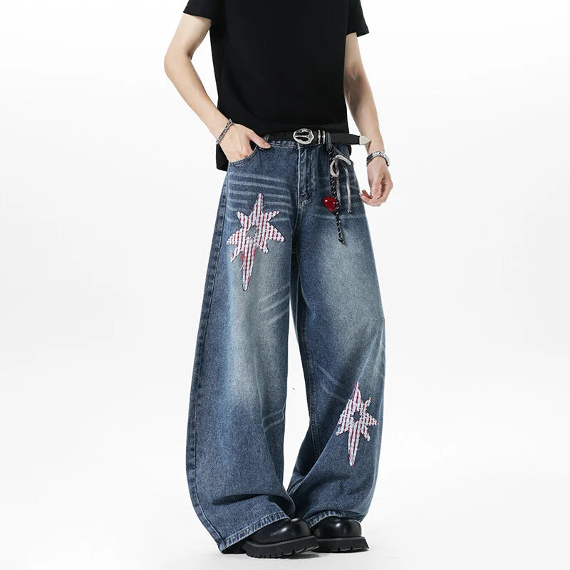 Y2K Embroidered Patchwork Star Wide Leg Jeans