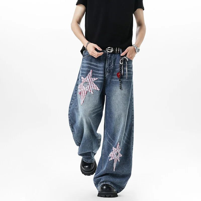 Y2K Embroidered Patchwork Star Wide Leg Jeans