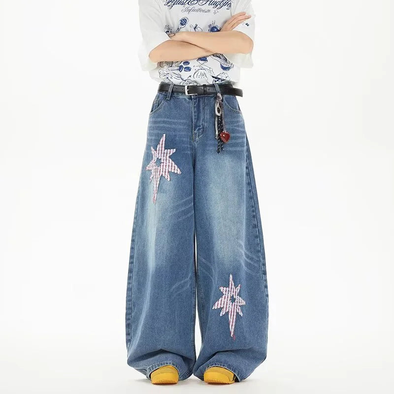 Y2K Embroidered Patchwork Star Wide Leg Jeans