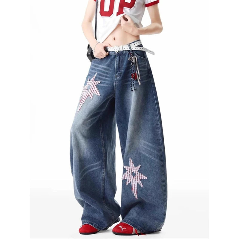 Y2K Embroidered Patchwork Star Wide Leg Jeans