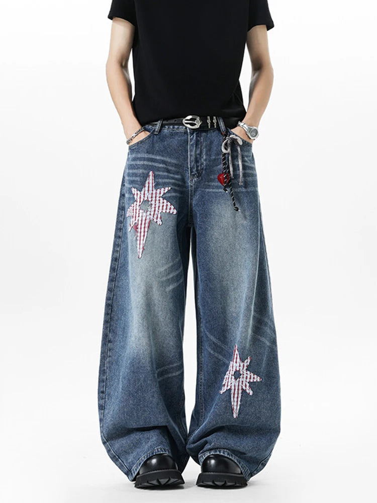 Y2K Embroidered Patchwork Star Wide Leg Jeans