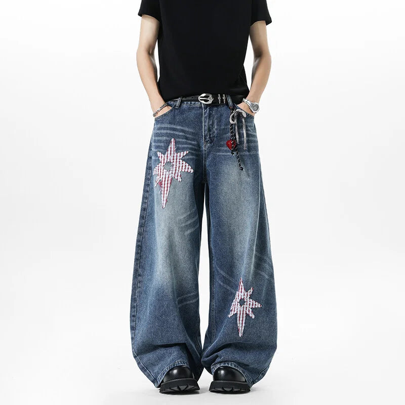 Y2K Embroidered Patchwork Star Wide Leg Jeans