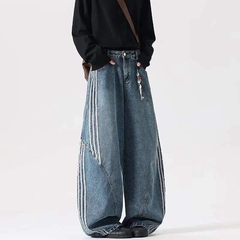 Y2K Embroidered Patchwork Striped Design Baggy Wide Leg Jeans