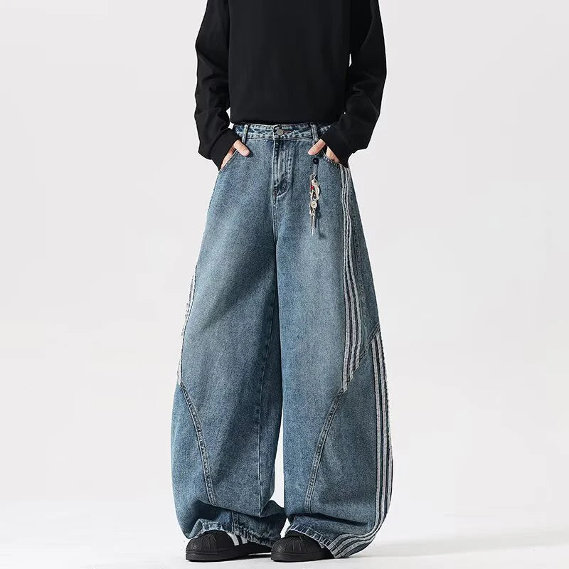 Y2K Embroidered Patchwork Striped Design Baggy Wide Leg Jeans