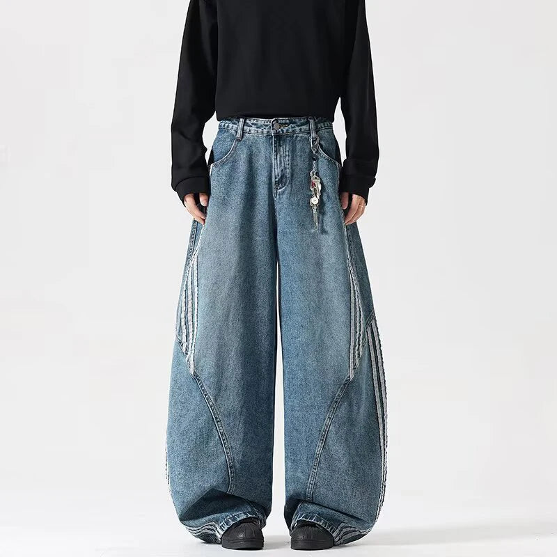 Y2K Embroidered Patchwork Striped Design Baggy Wide Leg Jeans