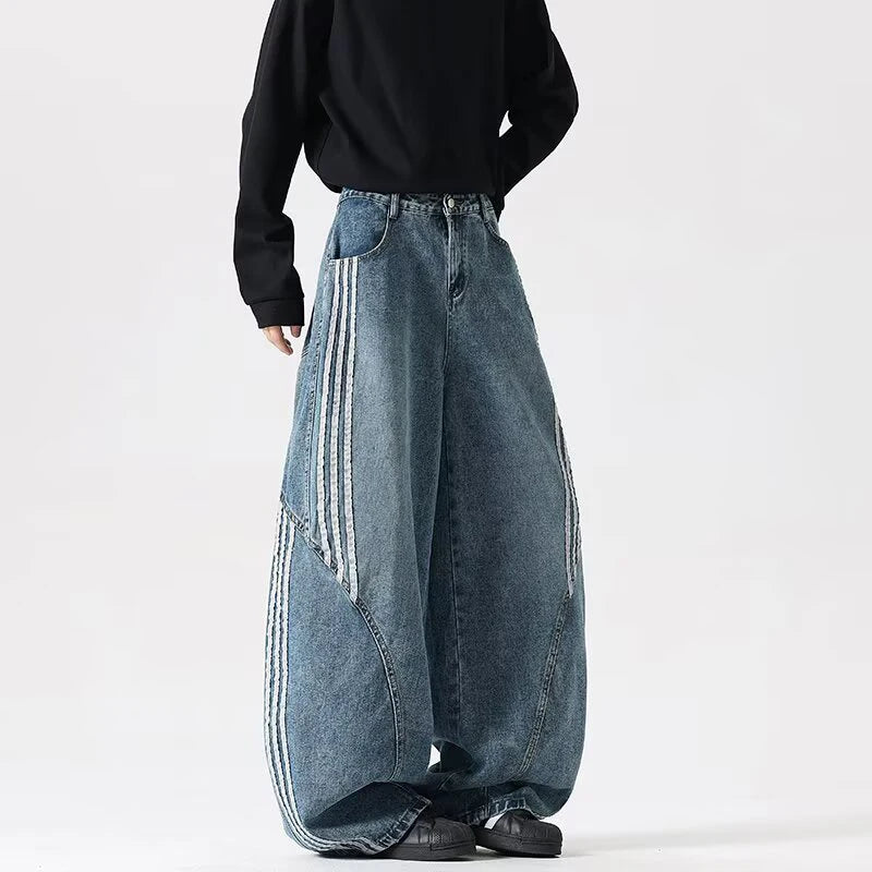Y2K Embroidered Patchwork Striped Design Baggy Wide Leg Jeans