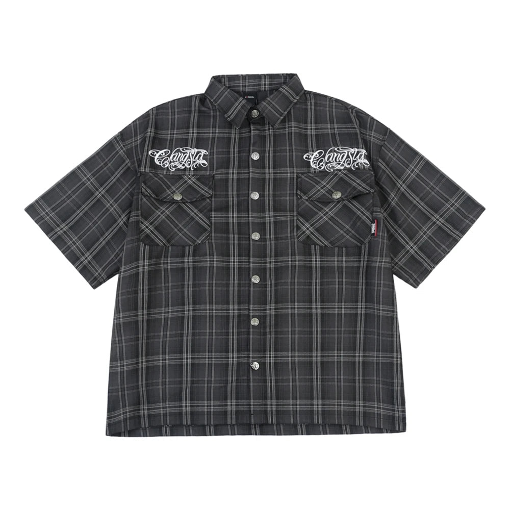 Y2K Embroidered Plaid Short Sleeve Button Up Flannel Shirt