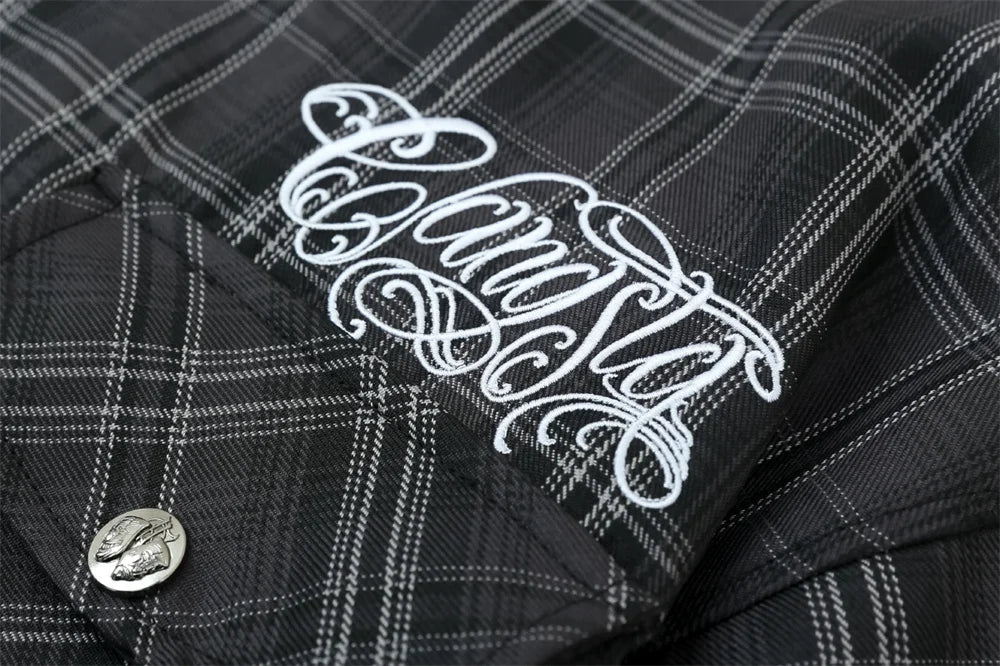 Y2K Embroidered Plaid Short Sleeve Button Up Flannel Shirt