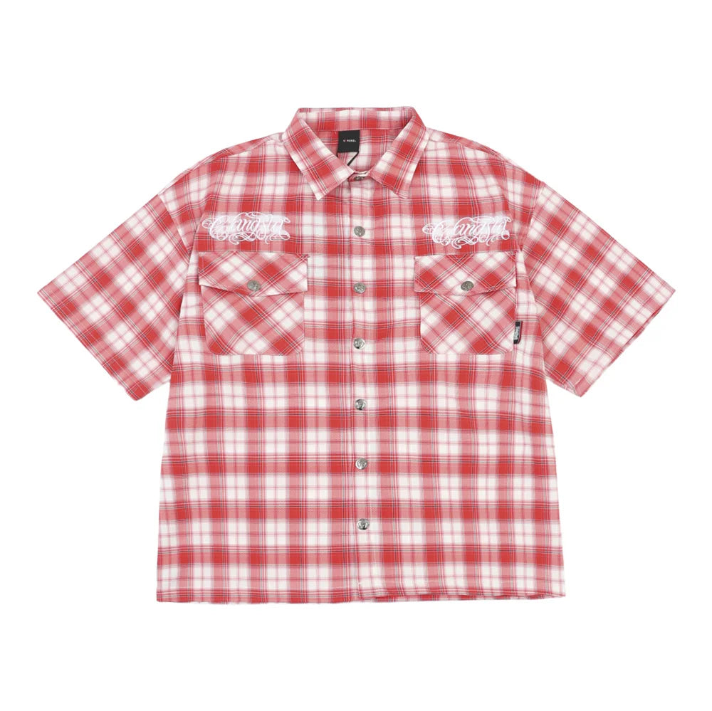 Y2K Embroidered Plaid Short Sleeve Button Up Flannel Shirt