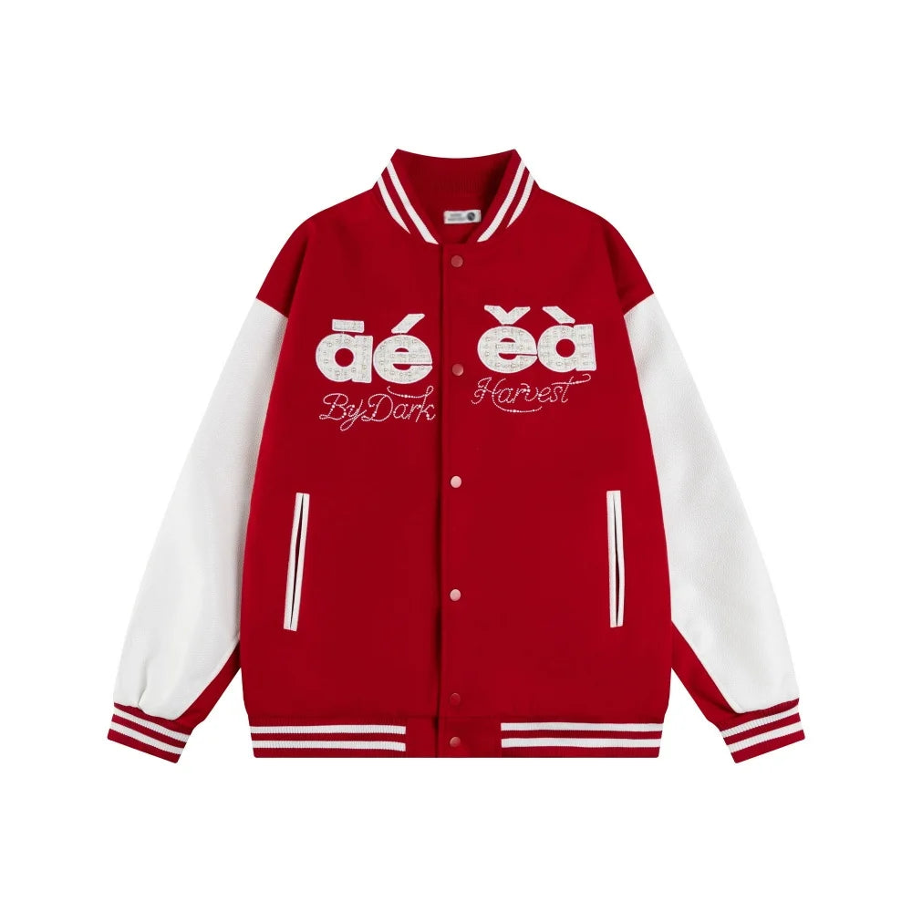 Y2K Embroidered Red Panelled Baseball Varsity Jacket