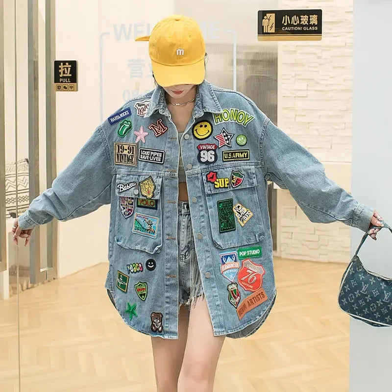 Y2K Embroidered Road Map Denim Jacket