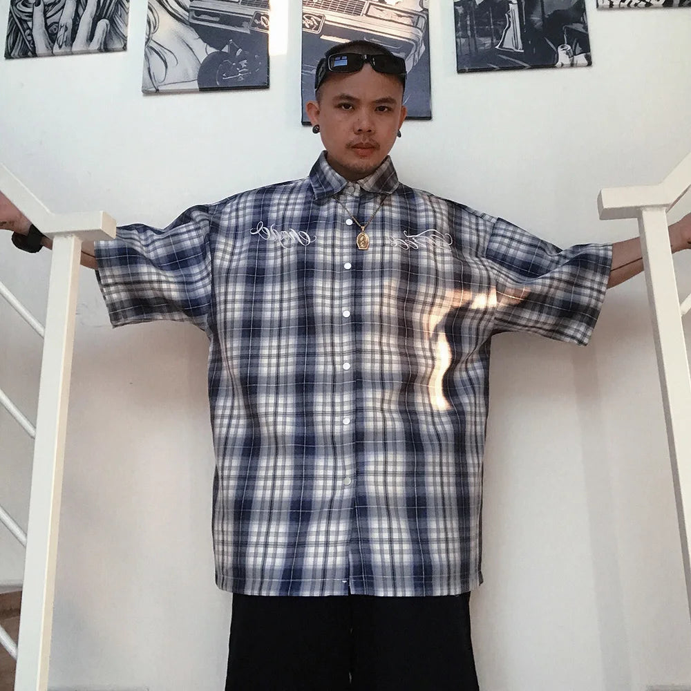 Y2K Embroidered Short Sleeve Plaid Button Down Shirt