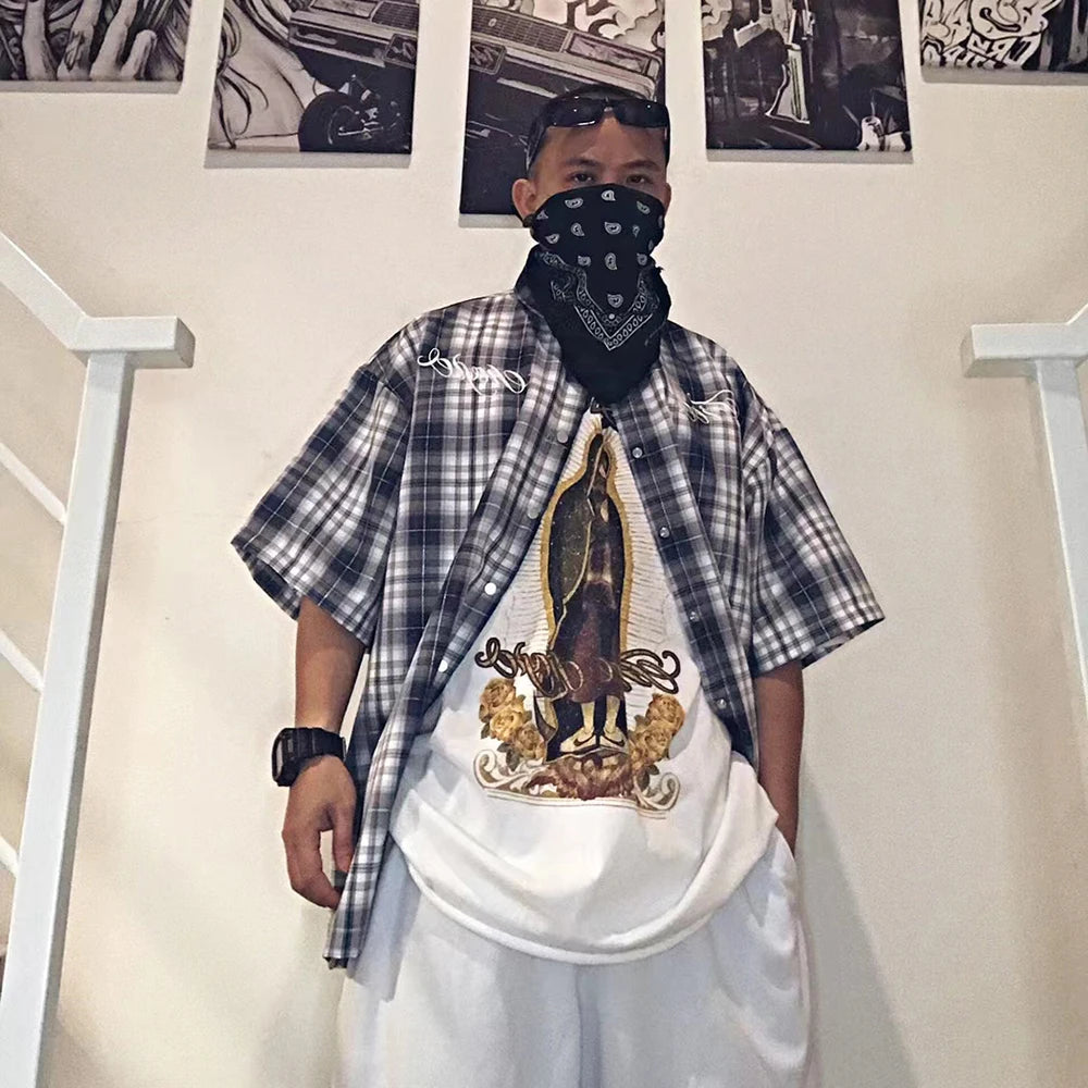 Y2K Embroidered Short Sleeve Plaid Button Down Shirt