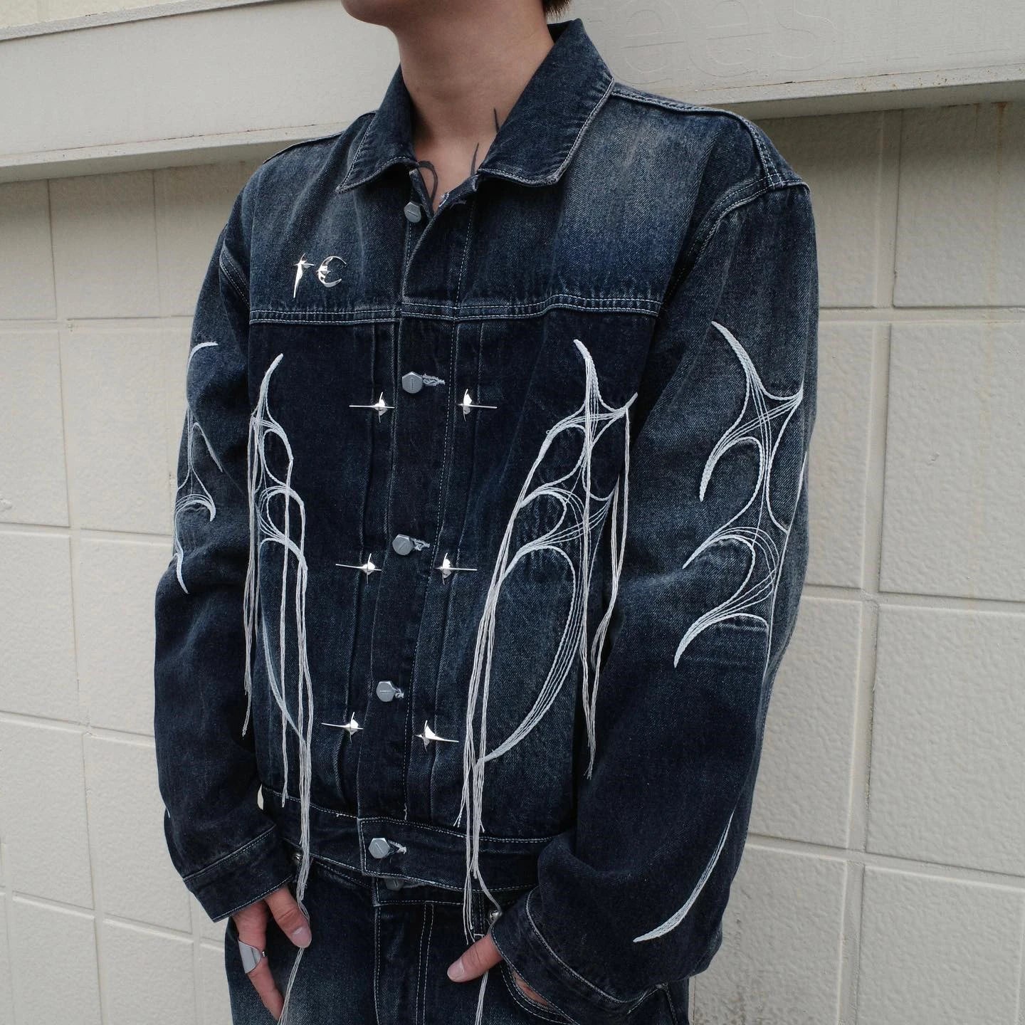 Y2K Embroidered String Tassel Washed Denim Jeans Jacket