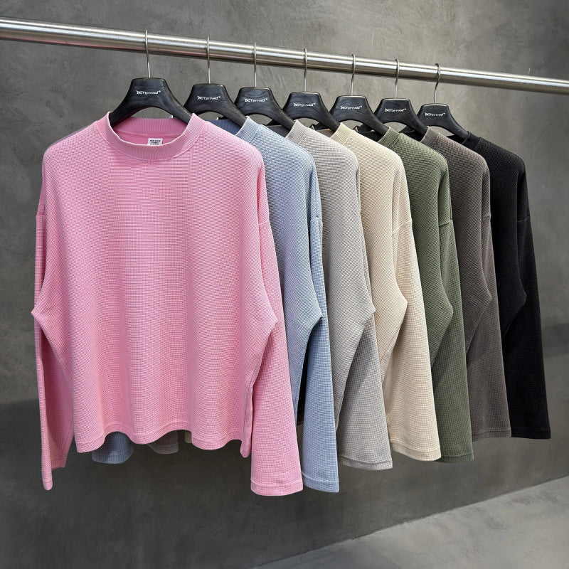 Y2K Essentials Acid Wash Waffle Knit Boxy Long Sleeve Top