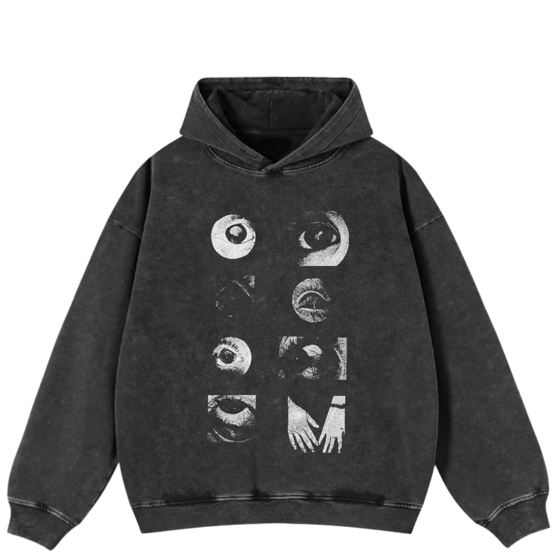 Y2K Eyes Eyes Eyes Graphic Washed Black Hoodie