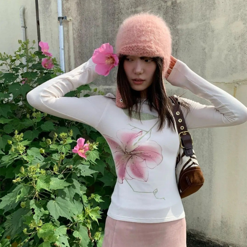Y2K Fairycore Floral Graphic Slim Long Sleeve Top