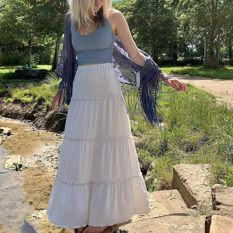 Y2K Fairycore Grunge Pleated Tiered Long Maxi Skirt