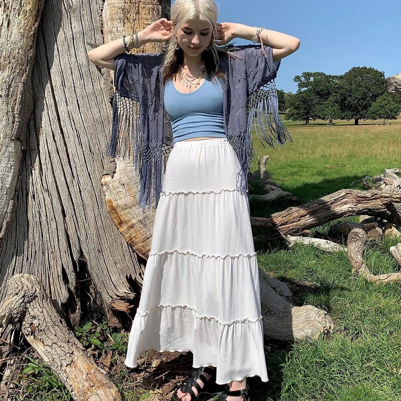 Y2K Fairycore Grunge Pleated Tiered Long Maxi Skirt