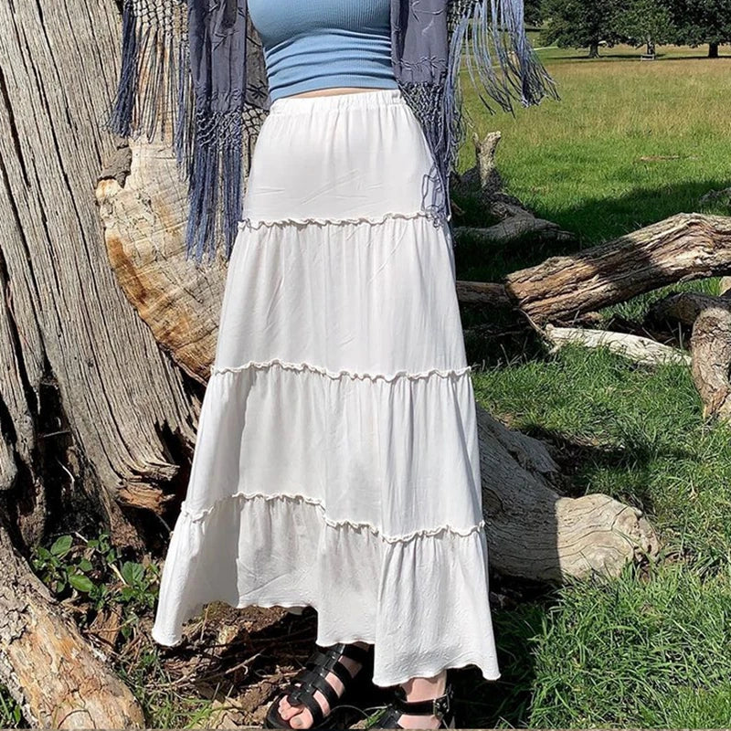 Y2K Fairycore Grunge Pleated Tiered Long Maxi Skirt