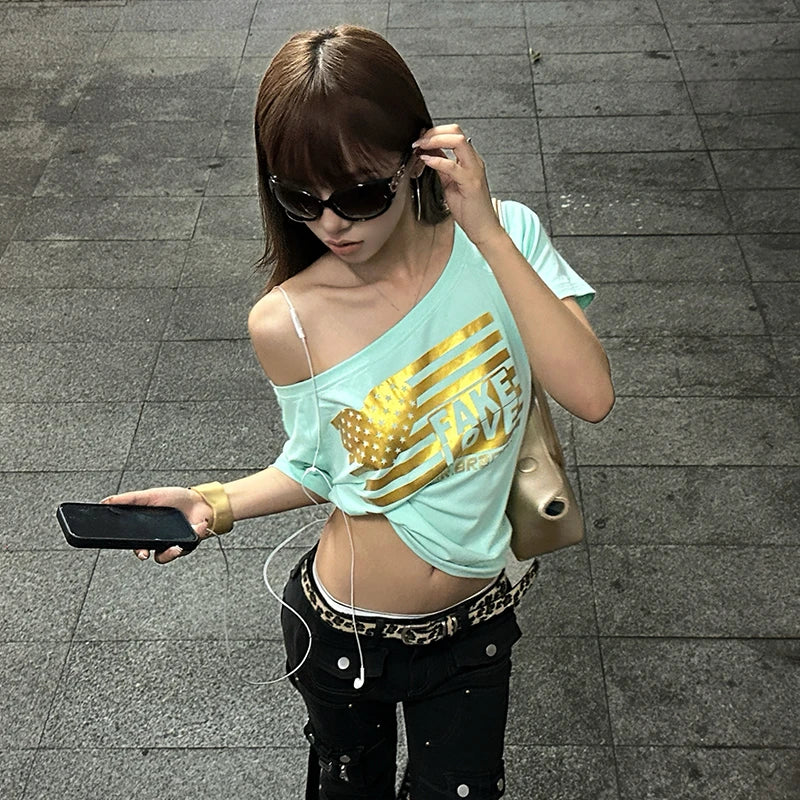 Y2K Fake Love Slash Neck Off Shoulder Top
