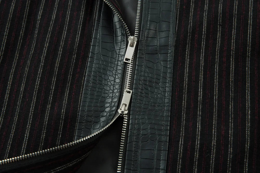 Y2K Faux Crocodile PU Leather Spliced Striped Zip Up Jacket