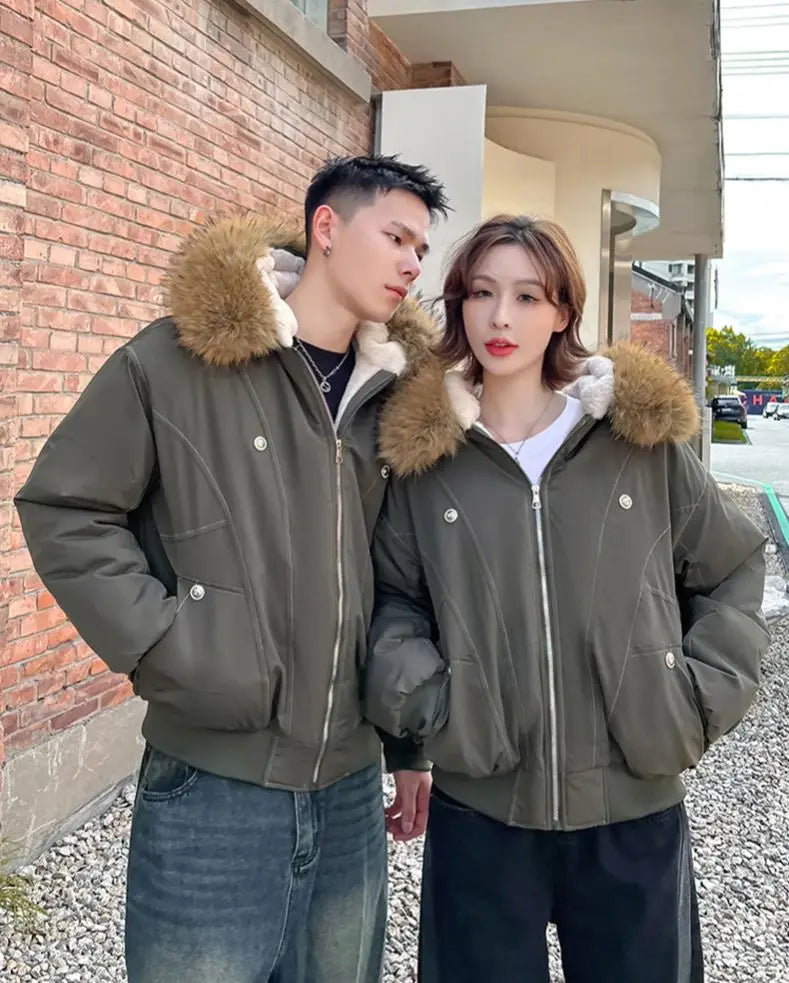 Y2K Faux Fur Collar Hooded Padded Parka Coat