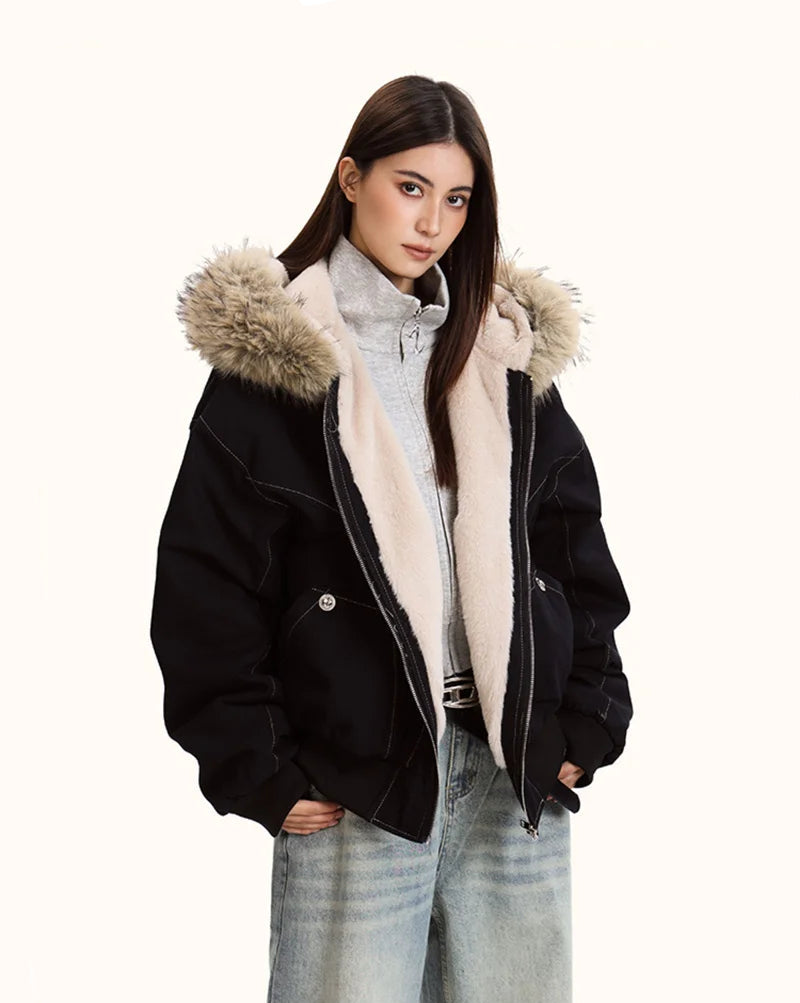 Y2K Faux Fur Collar Hooded Padded Parka Coat