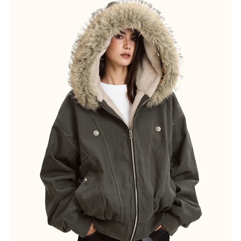Y2K Faux Fur Collar Hooded Padded Parka Coat