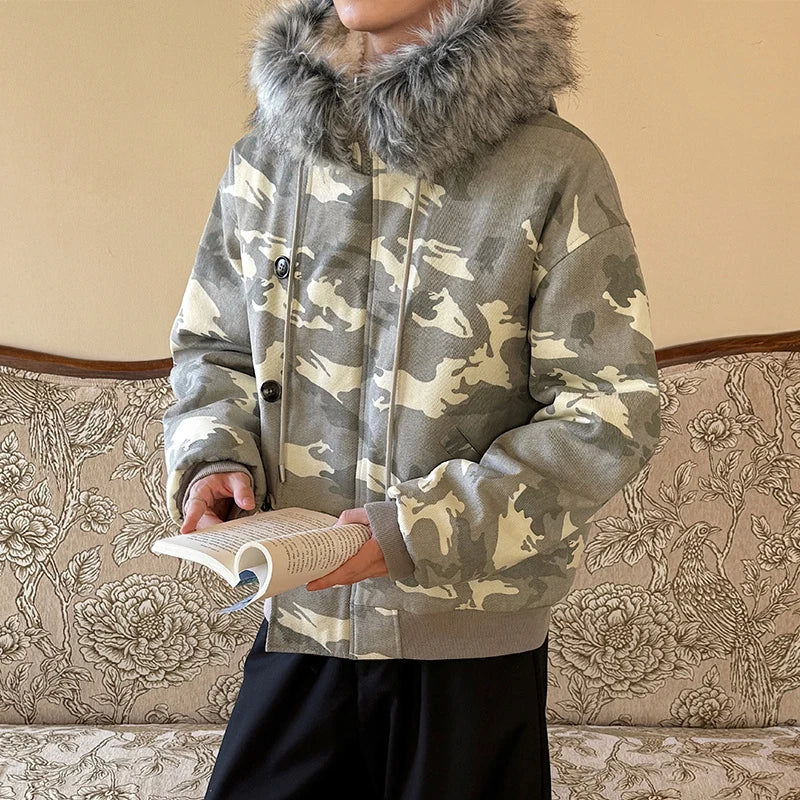 Y2K Faux Fur Collar Lined Drawstring Hooded Camouflage Jacket Coats