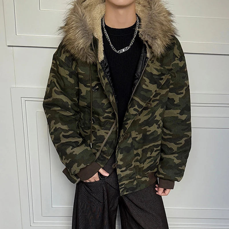 Y2K Faux Fur Collar Lined Drawstring Hooded Camouflage Jacket Coats