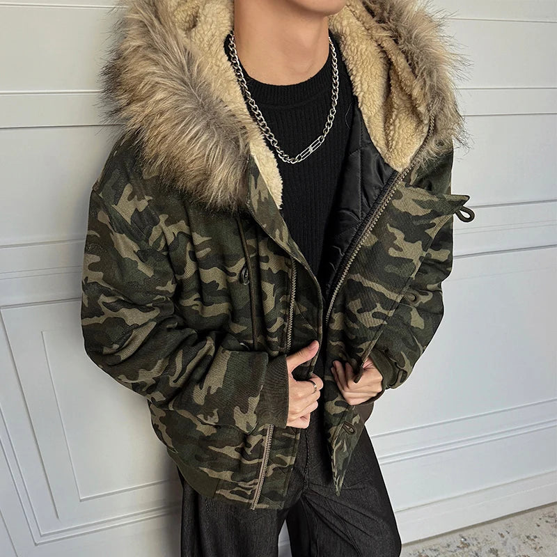 Y2K Faux Fur Collar Lined Drawstring Hooded Camouflage Jacket Coats