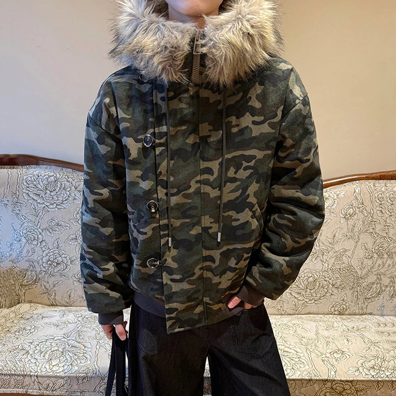 Y2K Faux Fur Collar Lined Drawstring Hooded Camouflage Jacket Coats