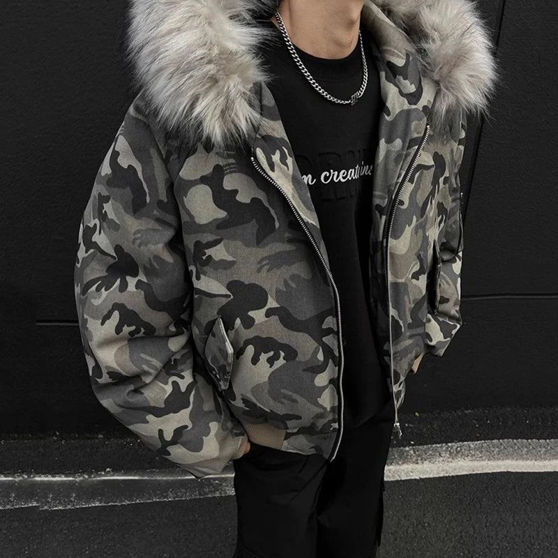 Y2K Faux Fur Lined Hood Arctic Camouflage Zip Up Jacket