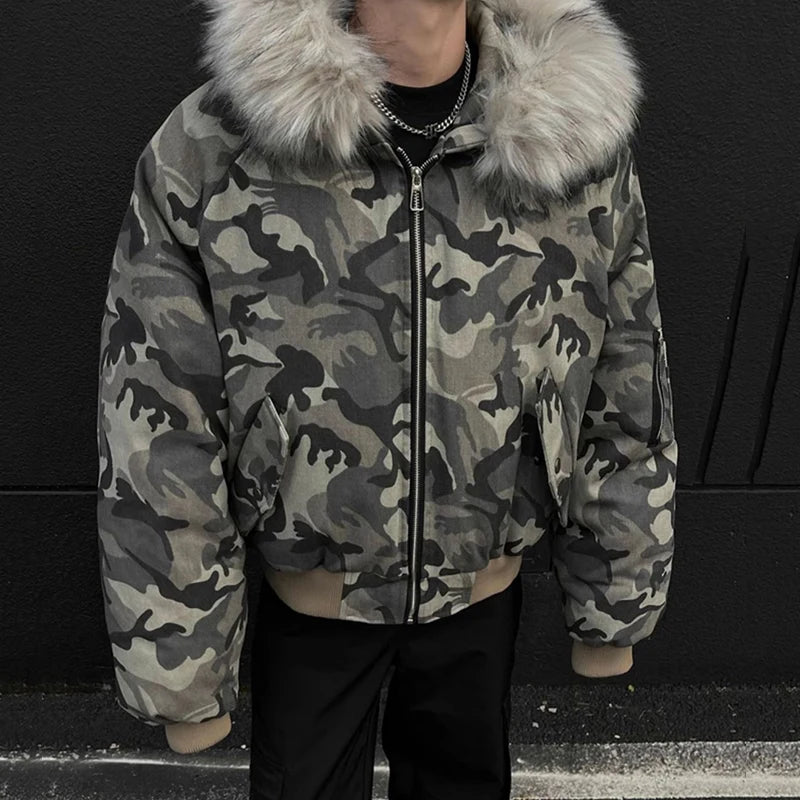 Y2K Faux Fur Lined Hood Arctic Camouflage Zip Up Jacket