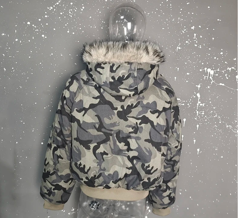 Y2K Faux Fur Lined Hood Arctic Camouflage Zip Up Jacket