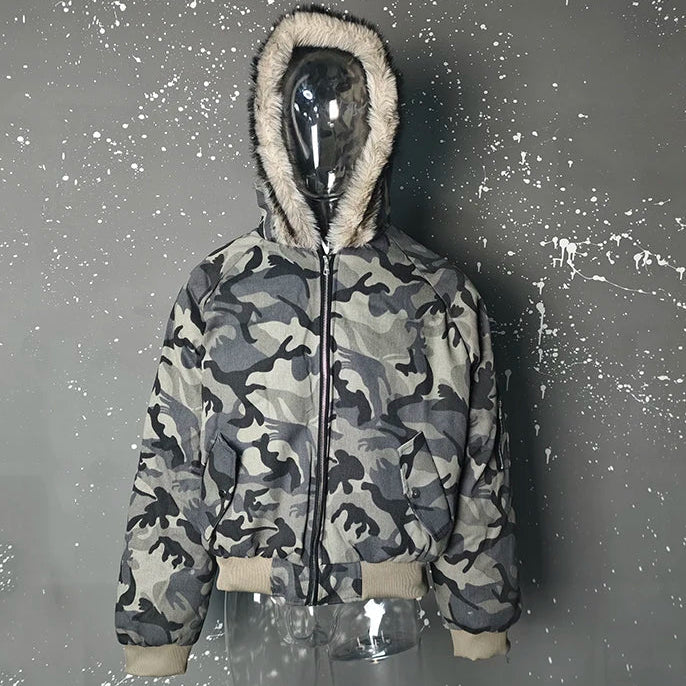 Y2K Faux Fur Lined Hood Arctic Camouflage Zip Up Jacket