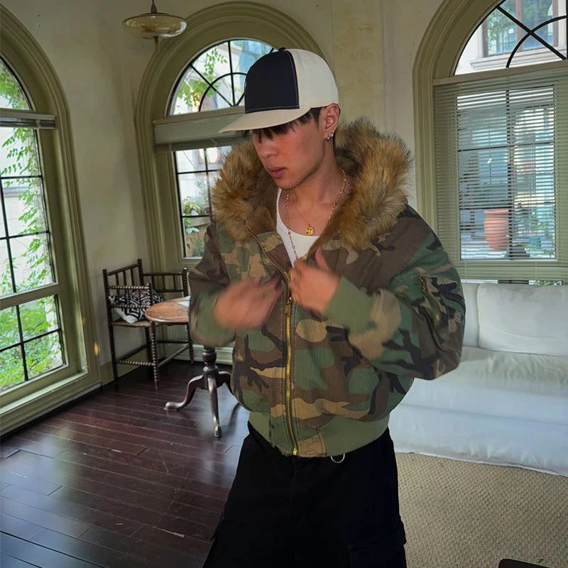 Y2K Faux Fur Lined Hood Camouflage Zip Up Jacket