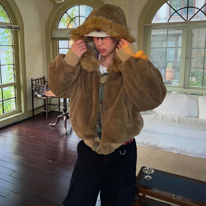 Y2K Faux Fur Lined Hood Camouflage Zip Up Jacket