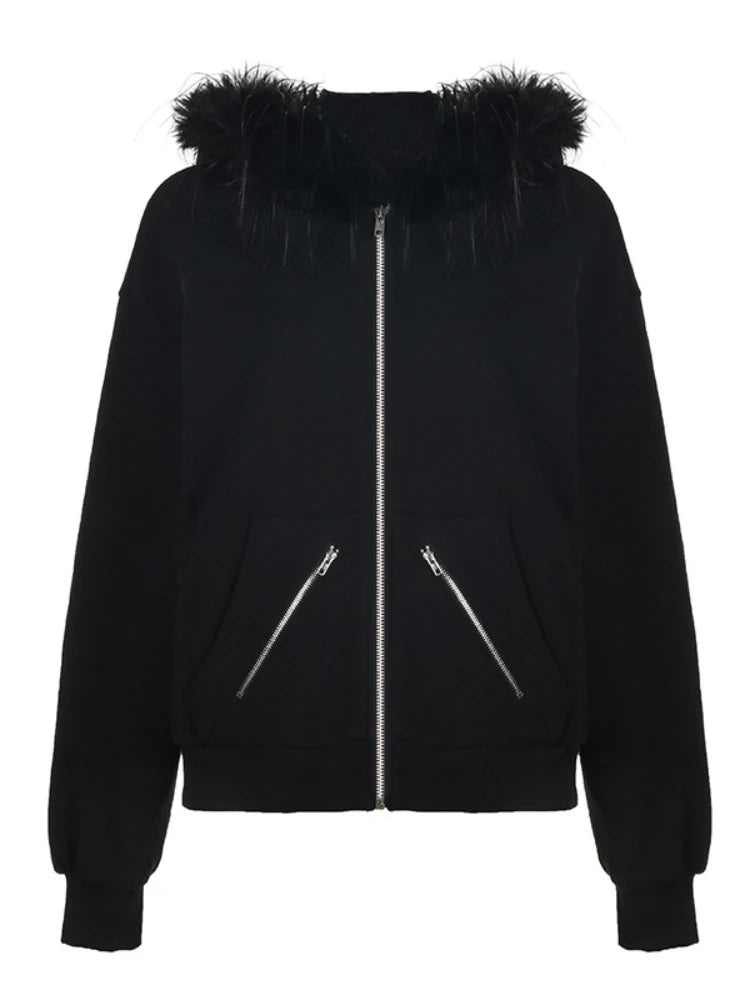 Y2K Faux Fur Lined Zip Up Hoodie