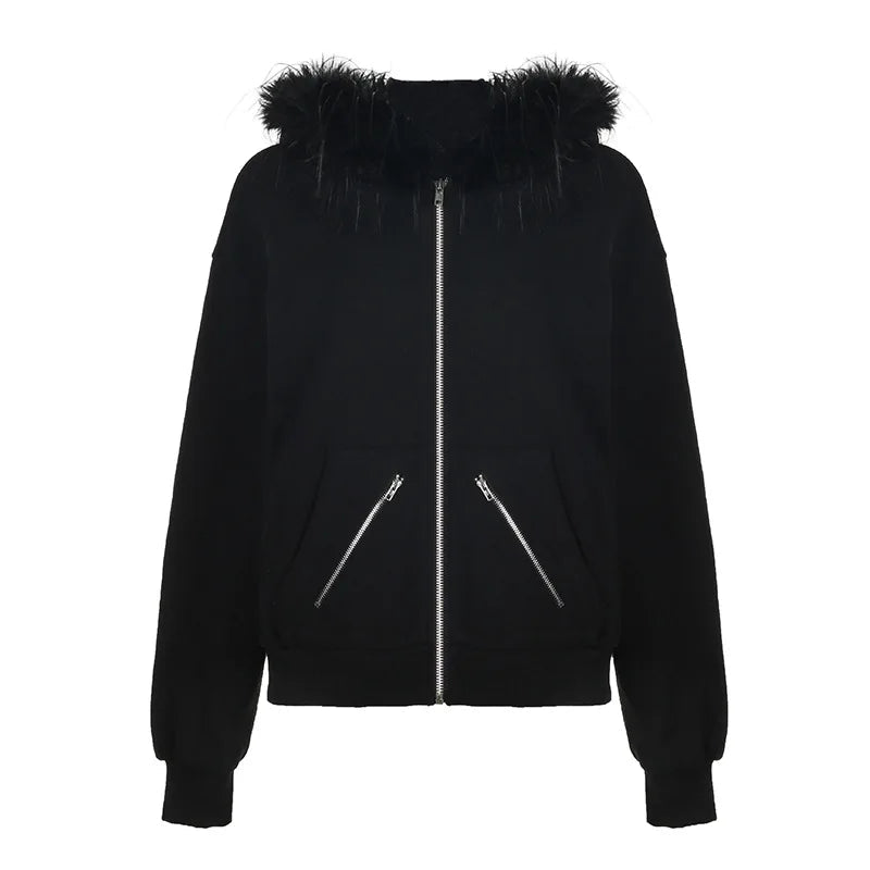 Y2K Faux Fur Lined Zip Up Hoodie