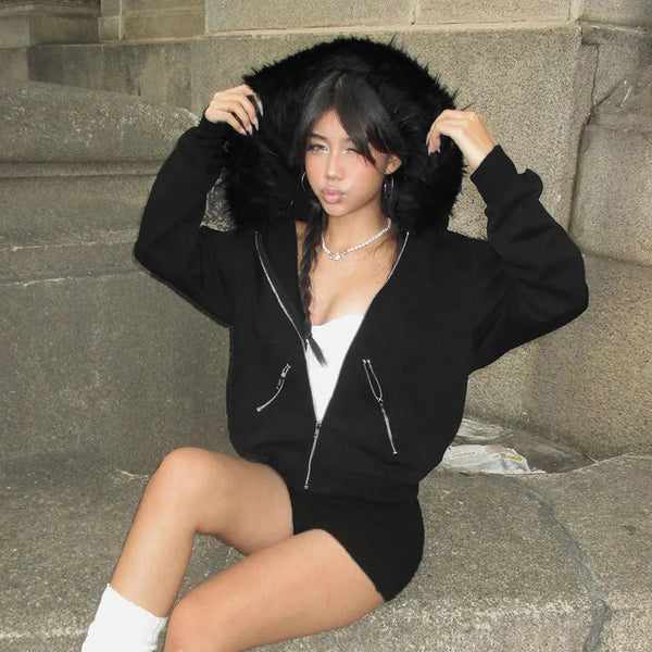 Y2K Faux Fur Lined Zip Up Hoodie Y2K Faux Fur Lined Zip Up Hoodie