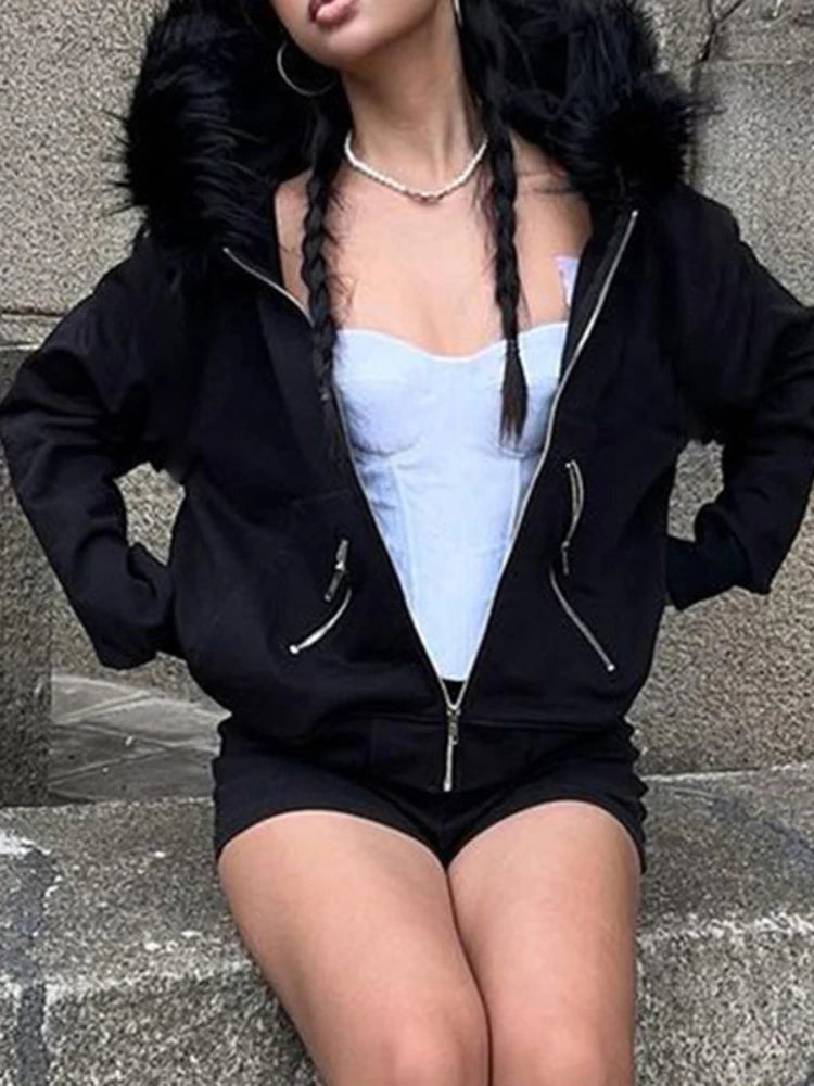 Y2K Faux Fur Lined Zip Up Hoodie