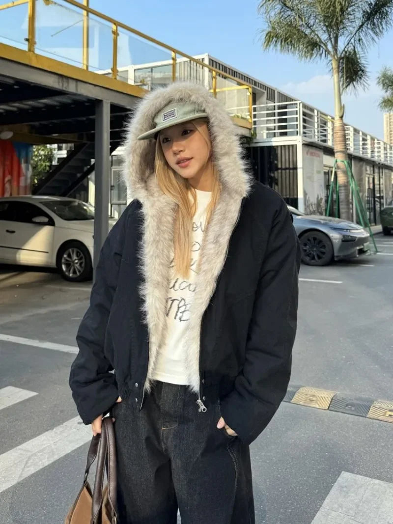 Y2K Faux Fur Outlined Hooded Zip Up Jacket Coat