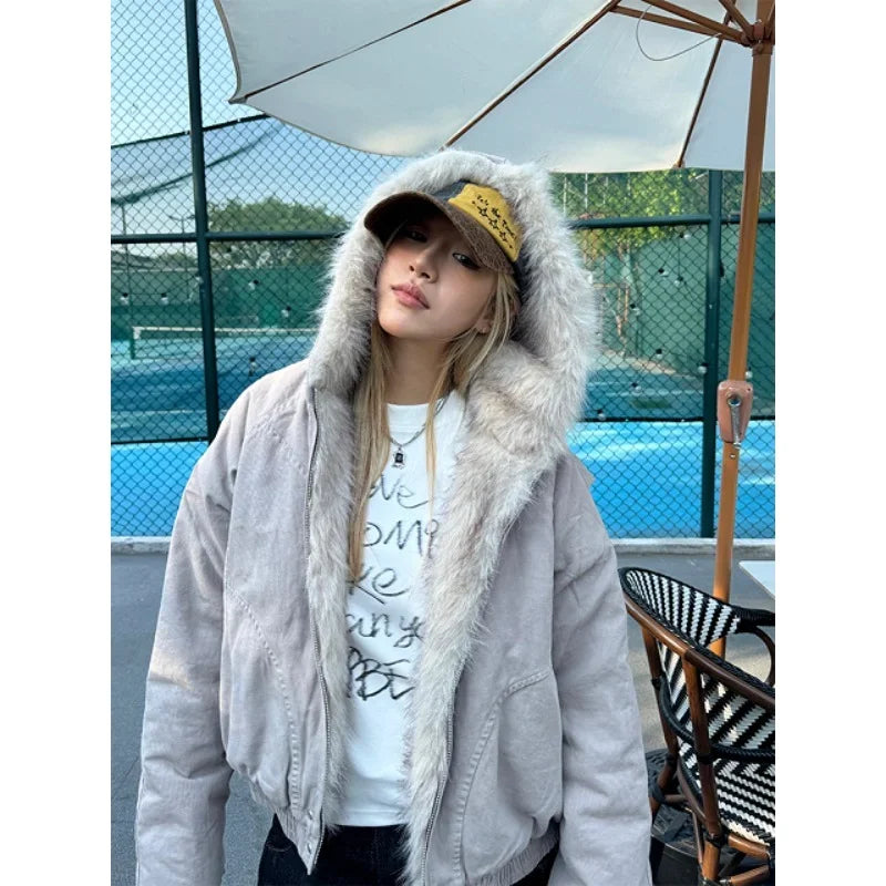 Y2K Faux Fur Outlined Hooded Zip Up Jacket Coat