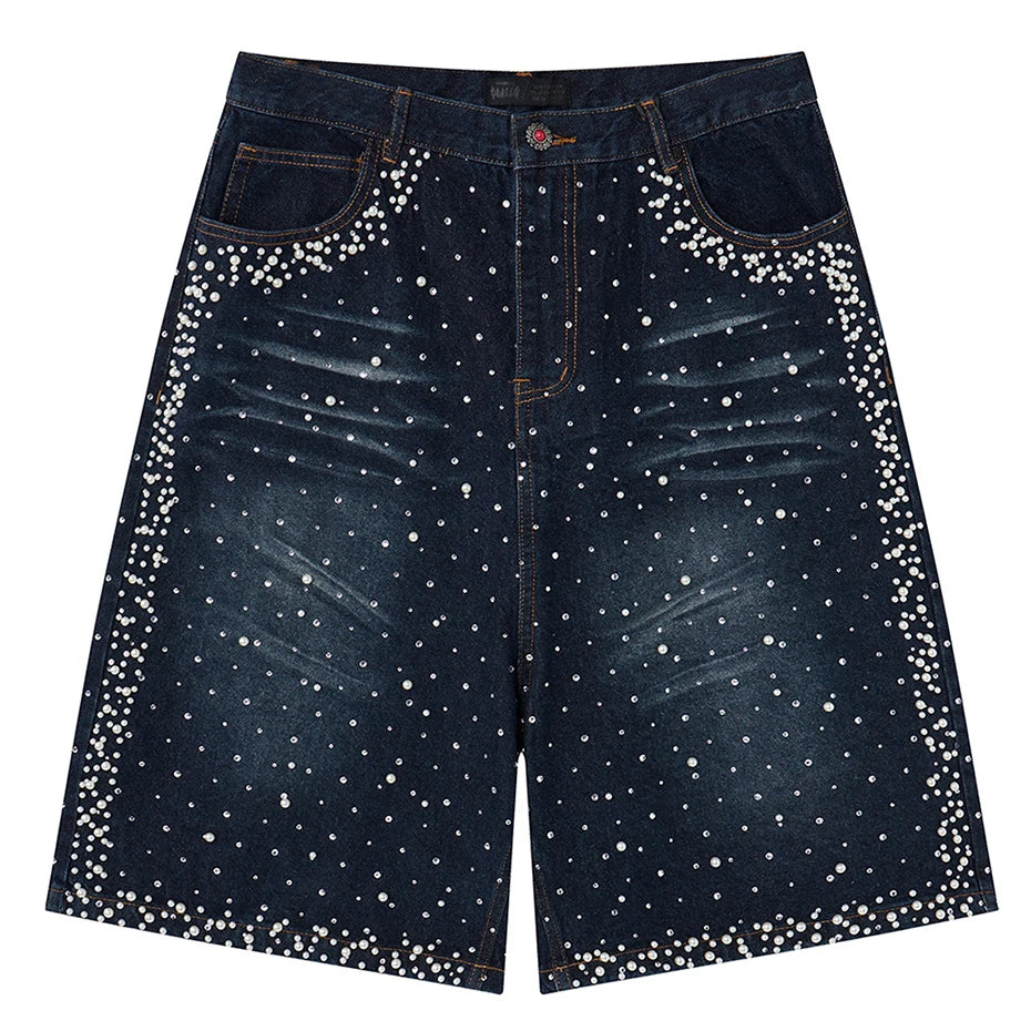 Y2K Faux Pearl and Rhinestone Denim Shorts Jorts