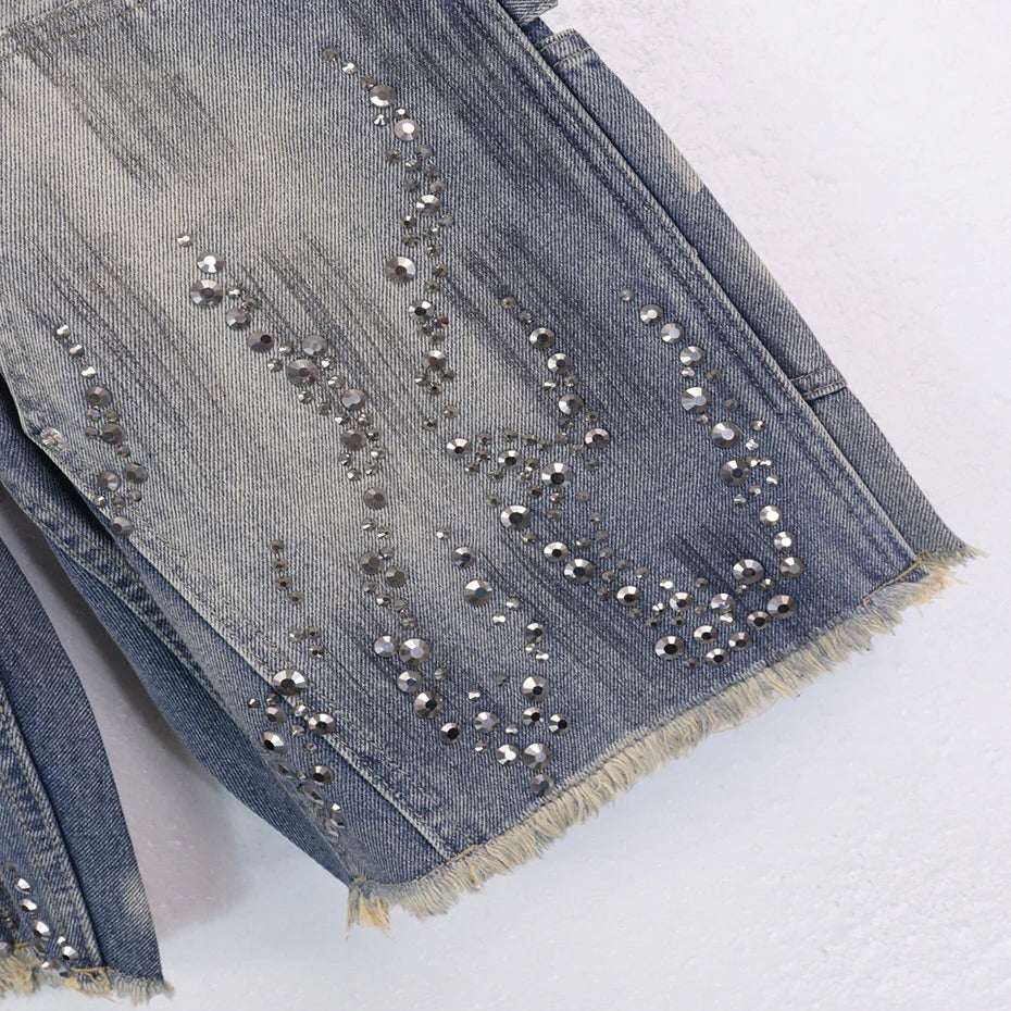 Y2K Fire Diamond Rhinestone Denim Shorts Jorts