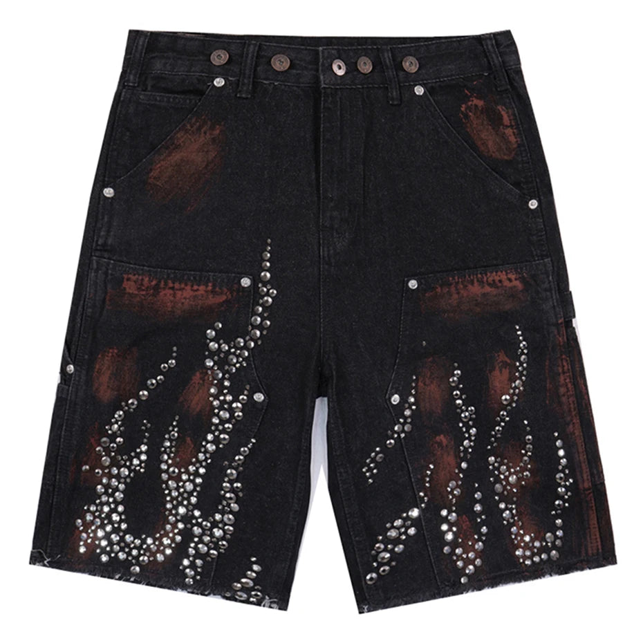 Y2K Fire Diamond Rhinestone Denim Shorts Jorts